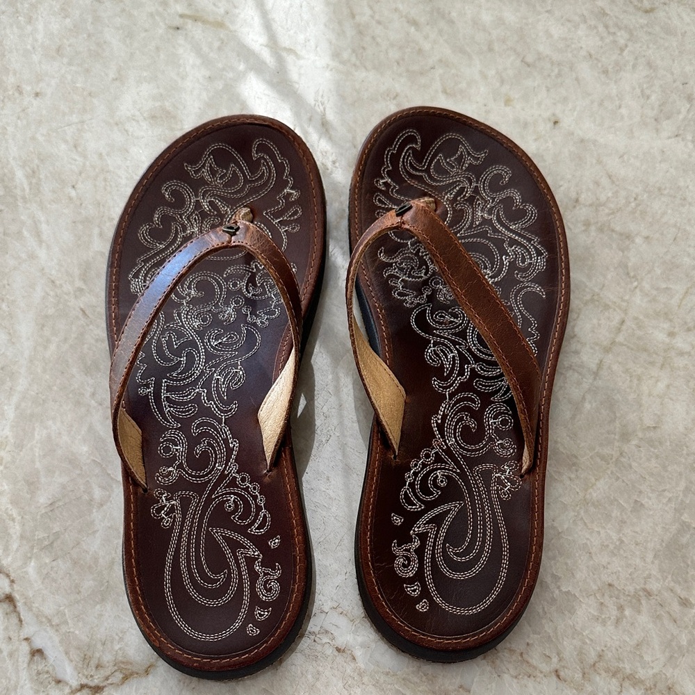OluKai Brown Sandals with Embroidered Design. New without tags.